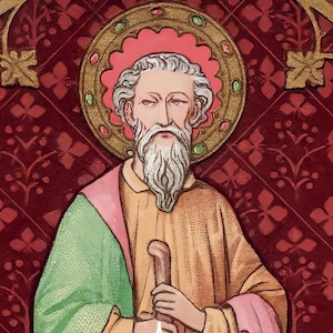 May include: A vintage religious illustration of Saint Simon the Apostle. The artwork features a man in gold and green robes, holding a sword. The background is a deep red with a floral pattern, and the image has decorative borders.