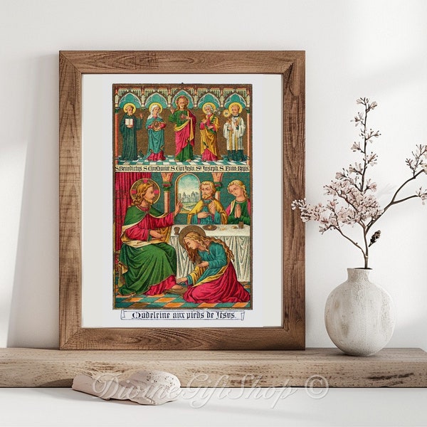 St Mary Magdalene Washing Christs Feet Icon Print; Great Saint Patronage Converts, Glove Makers, Penitent Sinners; Saint Print; Catholic Art