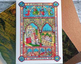 May include: A colorful religious illustration featuring angels, clergy, and architectural details. The artwork includes text in multiple languages, with a central scene depicting a religious ceremony. The color palette includes red, blue, and gold.