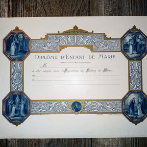 Antigo Diploma Católico Francês do "Infantil de Maria". Muito Raro Espaço em branco nunca preenchido.