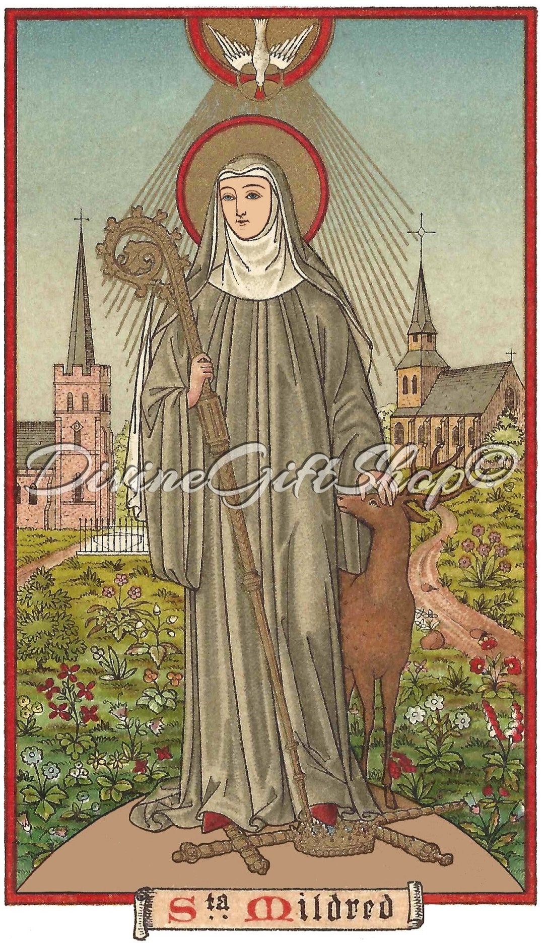 St. Mildred Icon Print Patron Saint of Nuns, Abbess, Deer Catholic