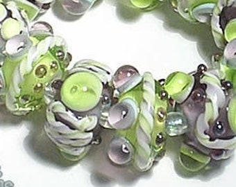 GARDEN PARTY Lampwork Beads Handmade Green Purple Clear Silver  Bold and Textured  Set of 11