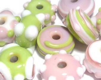FLIRTY MIXERS Lampwork Beads Handmade - Pretty Colors Pink Lime Green White  - Great Accents  Set of 10