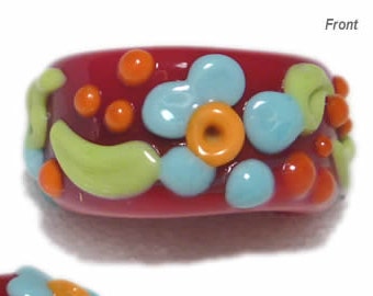 SLIDER 246  Lampwork Bead Handmade Large Big Holed Slider BeadRed Turquoise Flowers    -- fits Regaliz