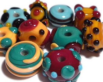 MIXERS 20 Lampwork Beads Handmade -Orange Teal Black Red Deep Colors  - Set of 10