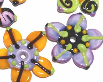 SPOOKY FLOWERS Handmade Lampwork Beads- Halloween Mix of Lime Green Purple Orange Black -  Set of 5