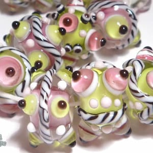 FLIRTALICIOUS Handmade Lampwork Beads  Pink Green  Black White Bold Textured Set of 11