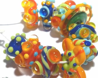 COLOR CHACHA  Handmade Lampwork Bead Set - MIx of Turquoise Blue Red Orange Yellow Green - Bright and Bold