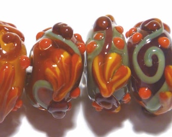 WINTERBERRIES  Handmade Lampwork Bead Set - MIx of Sienna Red Orange Brown Olive Gold  - Autumn Leaves Warmth