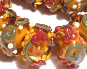 NATURAL Lampwork Beads Handmade Autumn Colors Golds Olive Reds Browns Ivory Nuts Vines Berries  Set of 11