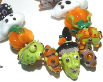 WITCHES BREW Handmade Lampwork Beads Halloween Spooks Shapes Whimsical  Set of 17