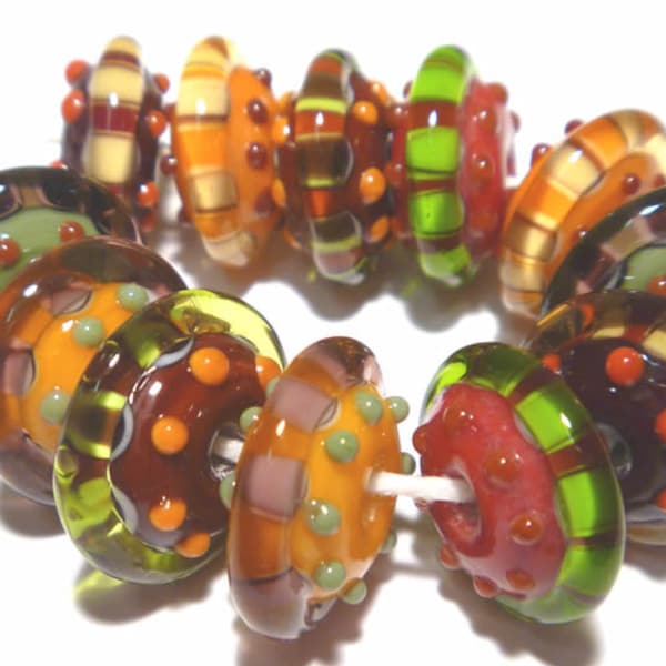 AUTUMN SAUCERS Lampwork Beads Handmade - Warm Color Mix Rust Olive Gold Orange Brown - Set of 12