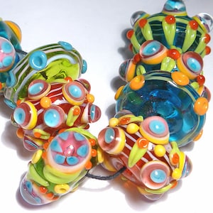 BOHO GARDEN Lampwork Beads Handmade Colorful Big BRight Red Blue Green Yellow LEaves Floral  Set of 10