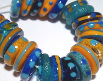 ARROYO - Handmade Lampwork Beads  - Blue Gold Orange Cobalt  - Bright & Pretty Discs - Organic