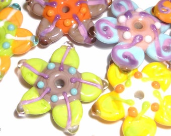 FIESTA FLOWERS Lampwork Beads Handmade Flower Disc Beads PAstel Mix Purple Pink Orange Blue Spring Colors  Set of 11