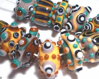 YUCATAN Lampwork Beads Handmade Wild Color Mix - Orange Purple Sienna Teal  Black White - Set of 11