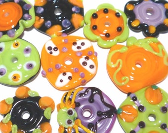 SPOOKY FUN FLATS Lampwork Beads Handmade Flat DIscs in Halloween Colors Purple Orange Black Green  Set of 10