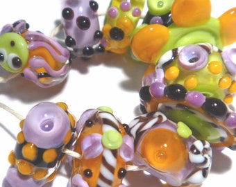 SPOOKY CHACHA  Handmade Lampwork Bead Set - MIx of Purple Green Orange Black Halloween Colors - Fun!