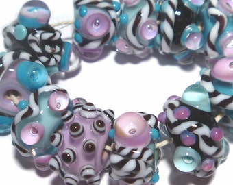 BUZZ BOXX  Lampwork Beads Handmade - Turquoise Blue Purple Black White - Funky and Cool Colors -   Set of 11
