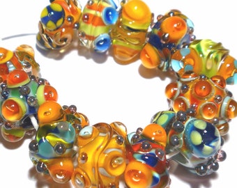 FIESTA Handmade Lampwork Beads  - Blue Turquoise Orange Red Yellow Silver Vibrant   -  Set of 12