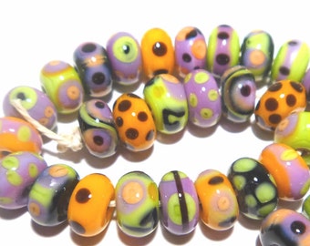 SPOOKY BABIES Handmade Lampwork Beads - Halloween Colors of Orange Purple Black Lime Green  - Teeny TINY Beads