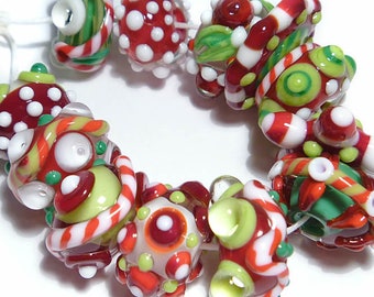 HOLLY JOLLY CHACHA Lampwork Beads Handmade Holiday color Mix Red Green White Set of 12