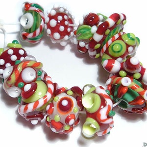 HOLLY JOLLY CHACHA Lampwork Beads Handmade Holiday color Mix Red Green White Set of 12