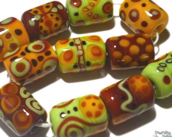 HARVEST DAZE Lampwork Beads Handmade Cylinder Barrel Autumn Colors Reds Green Orange Black  Set of 11