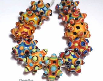 MINI SPIKES Lampwork Beads Handmade Small Tiny Beads Red Yellow Blue Black Orange  Set of 11