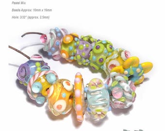 SPRING  CHA CHA Lampwork Beads Handmade Bright color Mix Pink Blue Green Yellow Orange Vibrant  Set of 12