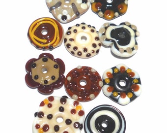 TRIBAL FUN FLATS Lampwork Beads Handmade Flat DIscs - Ivory Black Brown Sienna Tan -  Set of 10