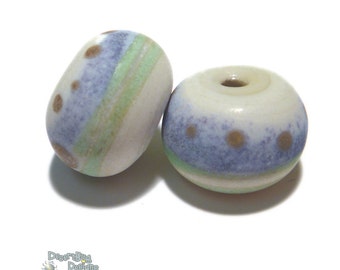 PAIRS 154  Lampwork Bead Pair Handmade  - Matte Soda Finish - Purple Ivory Green  -  Matched Coastal Beach beads  - Set of 2