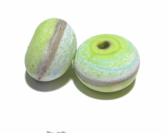 PAIRS 146 Lampwork Bead Pair Handmade  - Matte Soda Finish - Lime Green Ivory SIlvered Ivory Aqua -  Matched Coastal Beach beads  - Set of 2