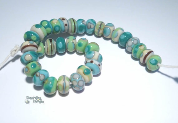 TEMPEST BABIES Handmade Lampwork Beads - Teeny Tiny Beads -  Ivory Turquoise Green Black - Organic