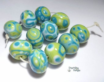 BEACHSIDE  Lampwork Beads Handmade Cool Turquoise BLue Lime Green White Beach colors  Set of 11