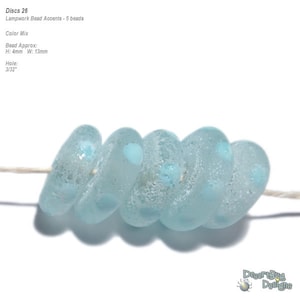 DISCS 26 Lampwork Bead Set Handmade Beach Glass Look Aqua Blue Matte Look  - 5 Beads