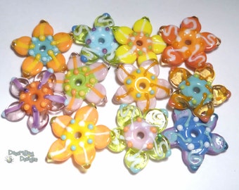 FLOWER FIESTA Lampwork Beads Handmade Flat Flower beads in Pastel Mix of Pink Green Melon Blue Yellow More Set of 11
