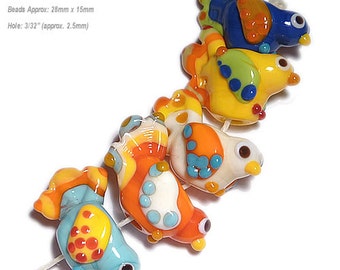 PAJARITOS Lampwork Beads Handmade BIRDS in Bold Colors of Coral Yellow Orange Red  Set of 5