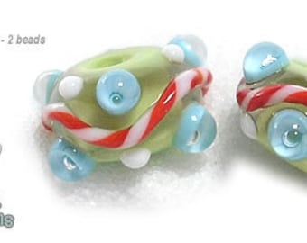 PAIRS 131 Lampwork Beads Handmade Paired Set of 2 Red Green White Blue Holiday Mix
