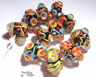 MILAGROS Handmade Lampwork Beads  - Black Coral Turquoise Orange Red Vibrant   -  Set of 11