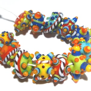 PINATA PATROL Handmade Lampwork Beads Yellow Blue Ivory Green Crazy Spiky Shapes Whimsical  Set of 12