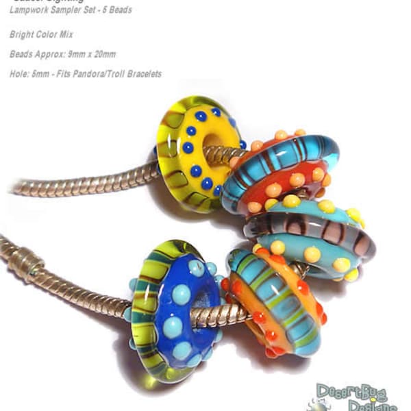 SAUCER SIGHTING  Handmade Lampwork BeadsBright COlor MIx Will Fit  Euro Style 5mm Hole Set of 5