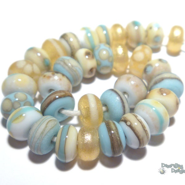 BEACH BABIES Handmade Lampwork Beads - Ivory Blue Gold Tan Sand   - Teeny TINY Beads