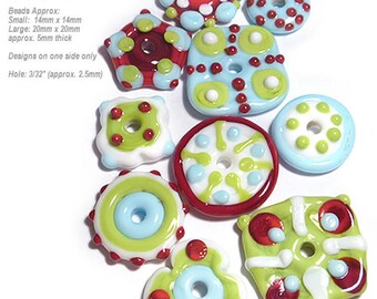 HOLIDAY FUN FLATS Lampwork Beads Handmade Flat DIscs - Red Green White Aqua Blue -  Set of 10