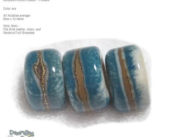 NUBBIES 61 Lampwork Bead Handmade BIG HOLE  Natural Ivory Blue Silvered Beads  -- fits 5mm leather and  Euro-Style