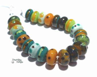 KYOTO Lampwork Beads Mix of Teal Squash Black Orange Blue -  Cool Colors - Organic Rounds -