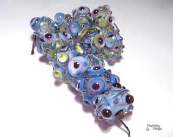 OUTLAND Lampwork Beads Handmade Periwinkle Blue Lime Black Purple Mystical and Shimmery Set of 11