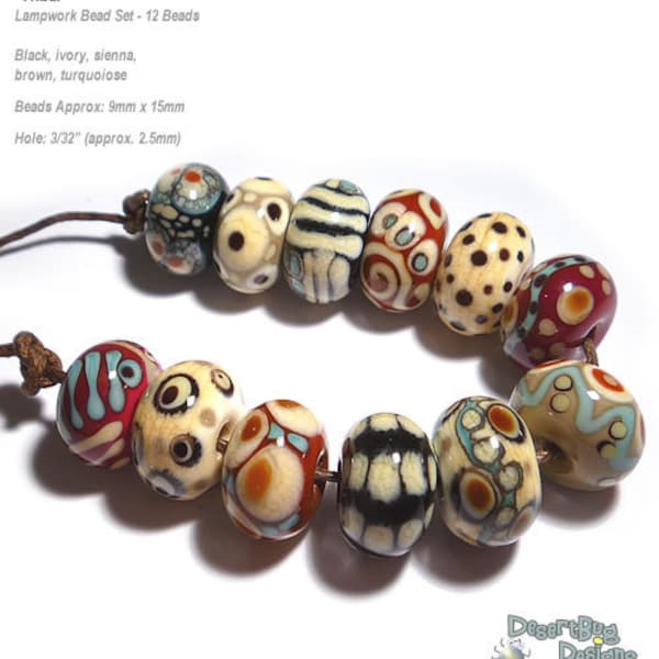TRIBAL Lampwork Beads Handmade Ivory Black Sienna Brown Animal Colors Bold Designs Set of 12