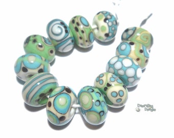 TEMPEST TUMBLERS  Handmade Lampwork Beads - Ivory Turquoise Blue Green Teal Black  - 12 Detailed Cool Beads - Desert Bug Designs
