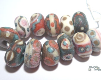 SKY ISLAND Handmade Lampwork Beads - Coral Blue Ivory Stone  - Matte Ancient Look -  12 Beads